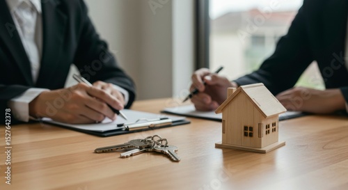 Two individuals review paperwork, house model and keys are on the table.  Real estate transaction in progress