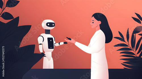 A woman interacts with a friendly robot in a stylized environment filled with plants, showcasing a blend of technology and human connection.