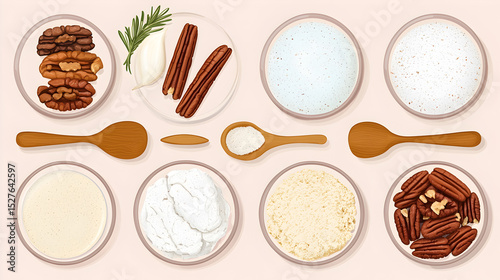 An assortment of ingredients, including nuts and spices, arranged in bowls with wooden spoons, ideal for baking or cooking.