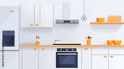 A modern, minimalistic kitchen featuring white cabinets, orange accessories, and stainless steel appliances, creating a bright and inviting cooking space.