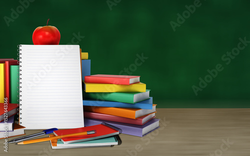 Back to school. Green chalkboard background. School supplies. Stacks of books with notepad, stationery and apple on blackboard background. Copy space, place for text. 3D render, 3d Illustration