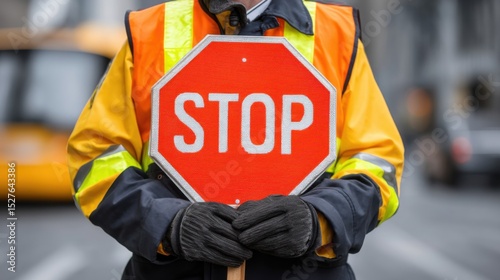 School crossing guard with stop sign at traffic