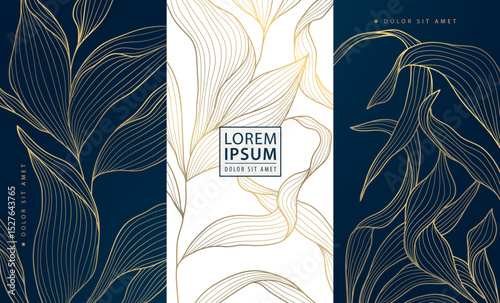 Vector gold label box, leaves floral wine design, vip perfume royal package. Leaf template, beauty, jewelry, gift cards, banners