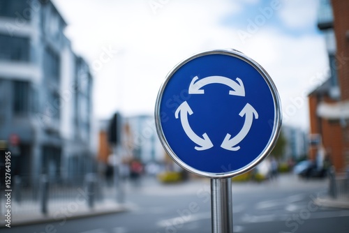 Blue circular mandatory roundabout sign with arrows