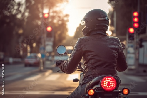 Motorcycle rider waiting at red light intersection