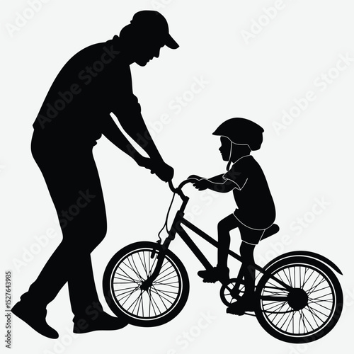 A parent helping a child ride a bicycle silhouette design vector art and illustration