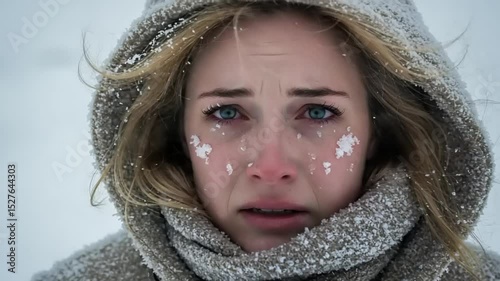 Distressed Woman in Snowy Landscape: Emotional Close-Up of a Tearful Encounter with Winter