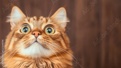 Curious orange cat looking up with wide eyes in a cozy interior setting