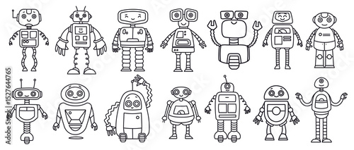 Quirky robot futuristic characters doodle line art collection isolated on white background