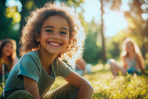 A dark-skinned girl at a children's camp, contented and happy, sits on the grass, enjoys nature, independence and the company of friends