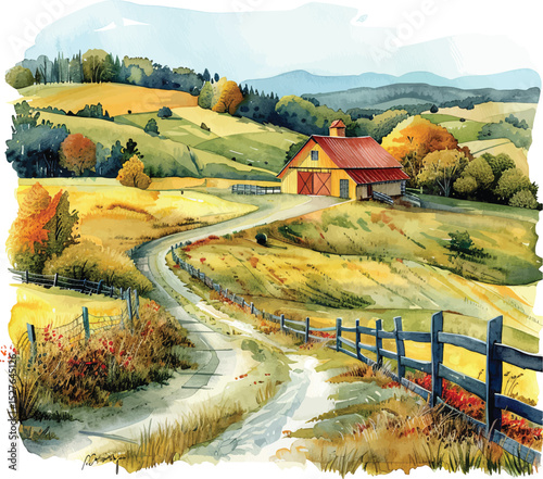 Watercolor Farm Landscape Vector Illustration.
