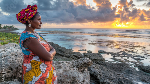 Woman in vibrant dress, arms crossed, gazes at sunset over ocean and rocky shore photo