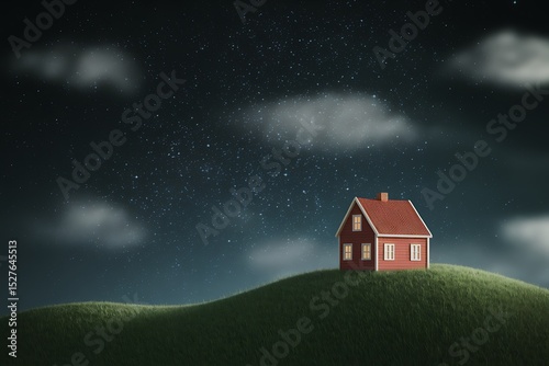 A Serene Nighttime Scene Featuring a Miniature Red House on a Hilltop photo