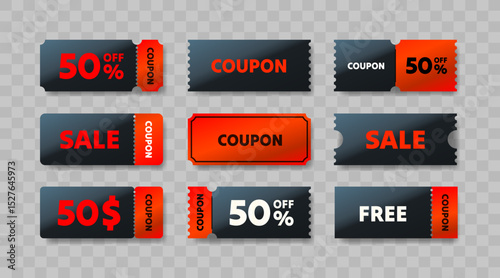 Red and black coupons of different shapes, set of coupons on transparent background.Vector illustration