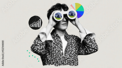 Surreal collage of person viewing future through pie chart binoculars