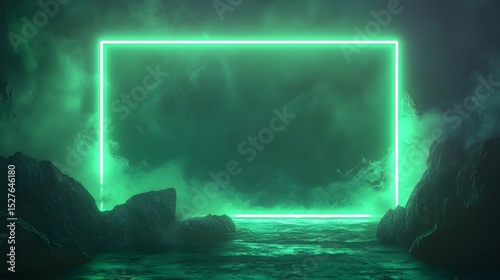 Ethereal green neon frame mystical landscape