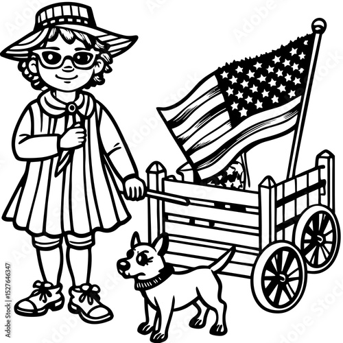 Girl scout with dog and patriotic wagon
