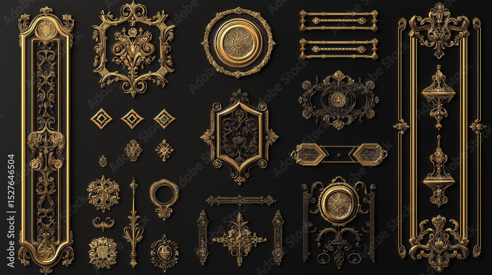 Elegant decorative gold ornate elements on a black background for design projects