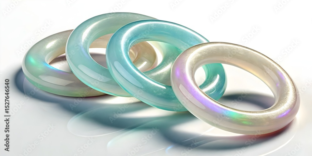 Fototapeta premium Interlocking iridescent rings, teal and white, abstract design