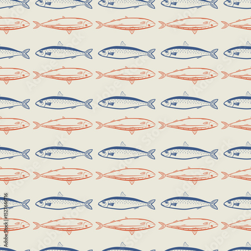 Vector hand-drawn seamless pattern with sardines. Perfect for wrapping paper, packaging, fabric, and textile design. Mediterranean summer-inspired background.