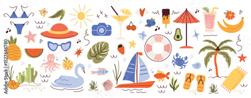 trendy, tropical fruits, desserts, summer elements. naive, summer set, isolated figures on a white background. minimalist, childish, naive style. for print, banners, social networks, and businesses. a