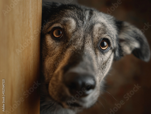 The dog is peeping from behind the door.