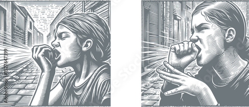 Engraved Style Illustration of a Female Beat boxer Performing with Passion in Urban Alleyway – Vintage Woodcut Inspired Music Art Design
