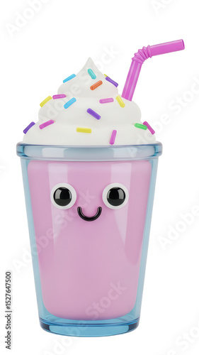 Cute Pink Milkshake with Smiling Face and Colorful Sprinkles in Clear Glass with Pink Straw