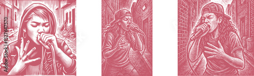 Red Pink Female Beatboxer Performing in Alleyway – Woodcut Style Brush Stamp Illustration, Engraving-Inspired Urban Music Art with Expressive Street Performance Vibe