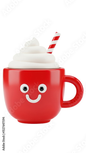 Cute Red Mug with Smiling Face Filled with Whipped Cream and Striped Straw in White Background