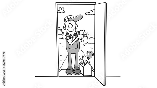 Cartoon plumber fixing a pipe in a dark room