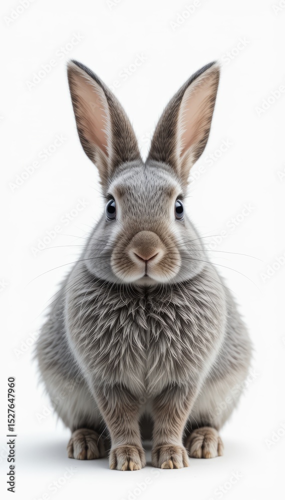 A fluffy gray rabbit with large ears sits upright. The rabbit has a round face and soft fur, showcasing its gentle features. A fluffy gray rabbit with large ears sits upright. The rabbit has a round face and soft fur, showcasing its gentle features.