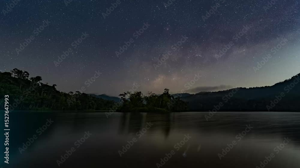 Time-lapse of a starry night sky over a calm lake with reflections