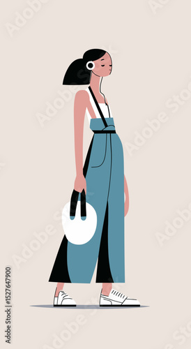 Stylish stroll: A fashion-forward illustration captures the essence of modern elegance, a stylish woman carrying a circular handbag, and wearing overalls and headphones against a simple.