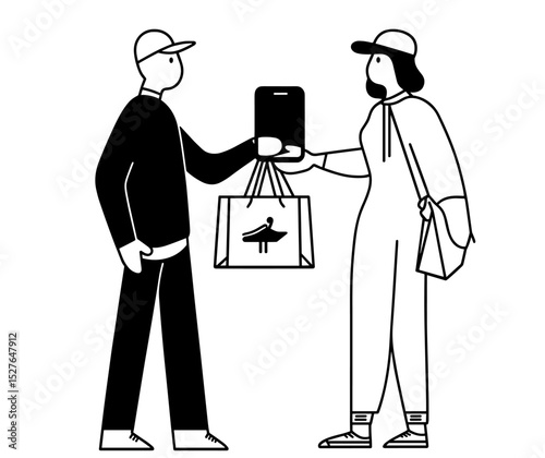 Delivery Service:  A courier in a cap hands a shopping bag to a customer.  The customer uses a smartphone for contactless payment.