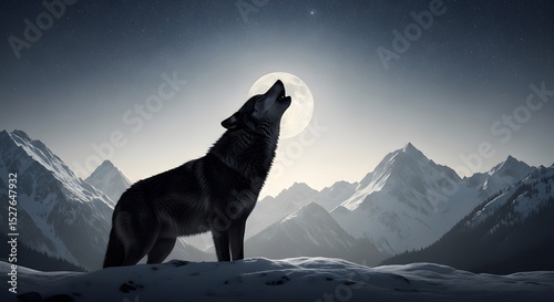Wolf Howling at Moon: A lone wolf raises its head to the night sky, letting out a mournful howl under the silvery glow of the full moon, set against a backdrop of majestic snow-covered mountains.