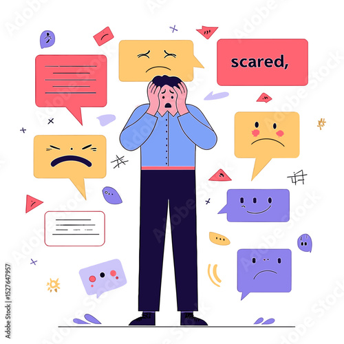 Overwhelmed Man: An illustration depicting a man feeling overwhelmed by negative emotions and messages, symbolizing anxiety and stress in modern life.