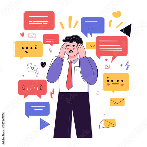 Overwhelmed: Depicting an illustration of a man swamped by a flood of digital notifications, showcasing the struggles of information overload.
