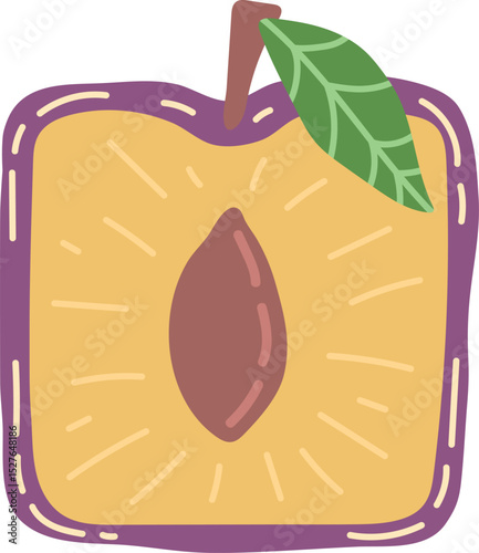 Artistic hand drawn illustration of square plum with leaf. Vector drawing of half of sweet fruit with seed and pulp isolated on white background. Drawing of summer vegan dessert for your printing.