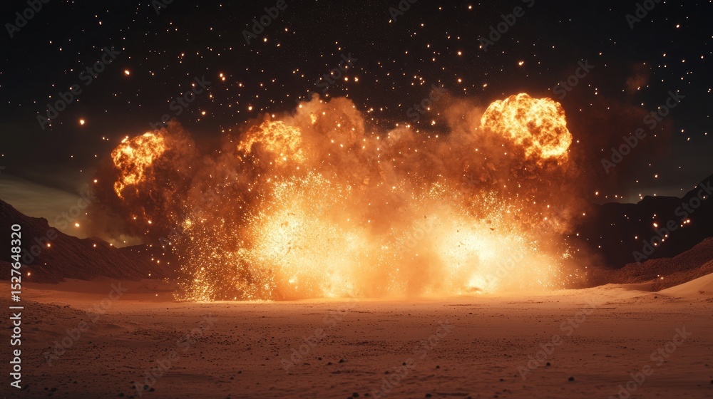 Obraz premium Detonation in desert sand with lots of smoke, fire and sparks at night