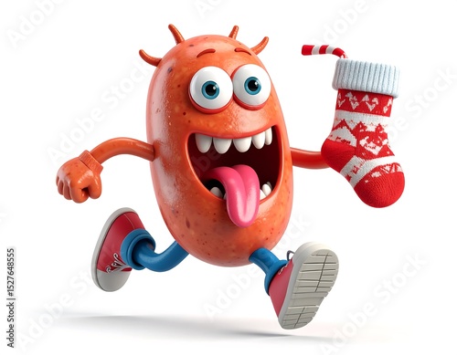 Playful Orange Monster Running with Christmas Stocking