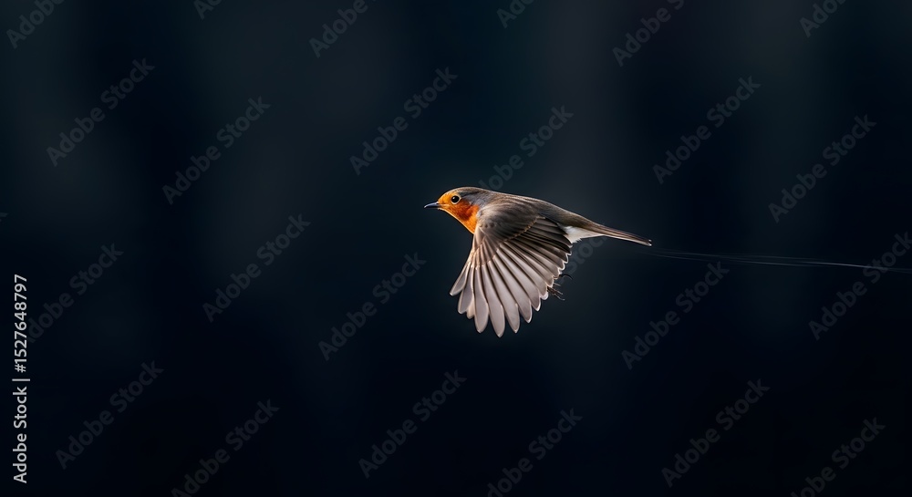 Fototapeta premium Robin in Flight: A robin soars across a dark woodland backdrop in this wildlife photograph. Its brilliant orange breast contrasts beautifully with its gray plumage and the shadowy forest setting.