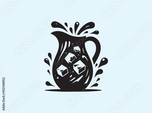 Jug with Splashing Water in Solid Black Silhouette Style