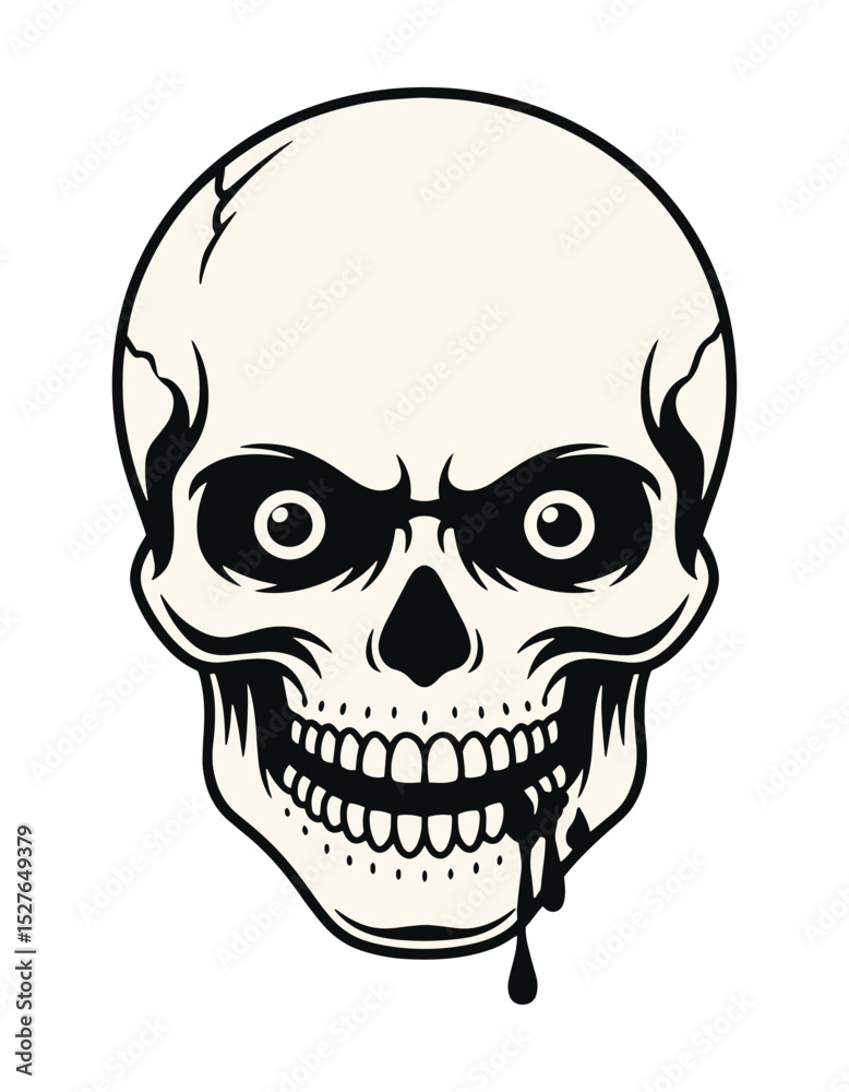 Obraz premium Angry Skull Face Tattoo Vector with Intense Eyes, Sharp Nose, and Dripping Blood in Black and White Line Art Style