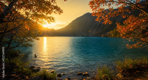 A lake in caldera mountain with sunset scenery in autumn season, generated by Ai