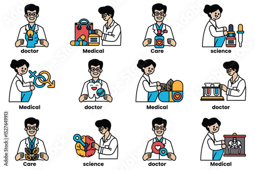 A series of cartoon images of doctors and medical professionals