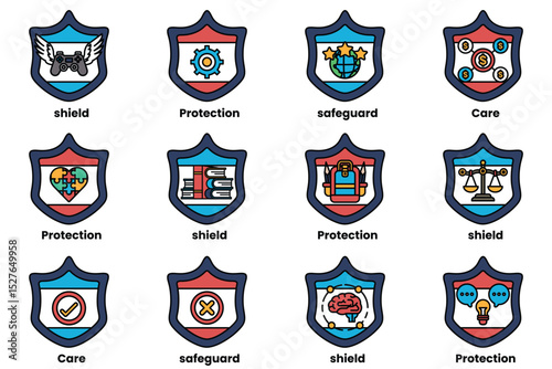 A set of shields with various symbols and words on them