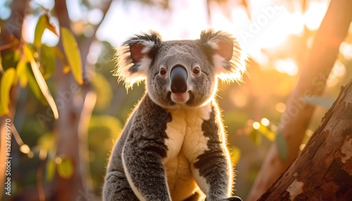 Koala in Golden Hour Sunlight on Eucalyptus Tree