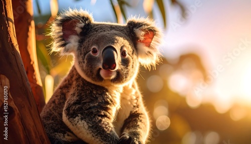 Adorable Koala in Golden Hour Sunlight on Eucalyptus Tree