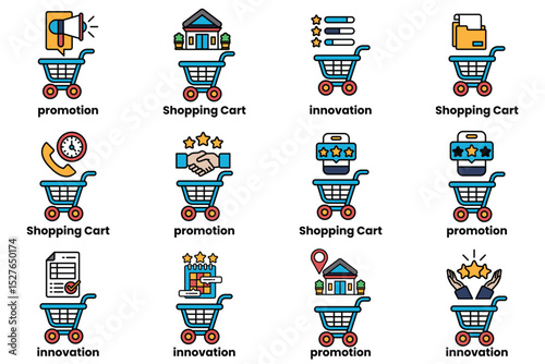 A set of shopping cart icons with different features and functions